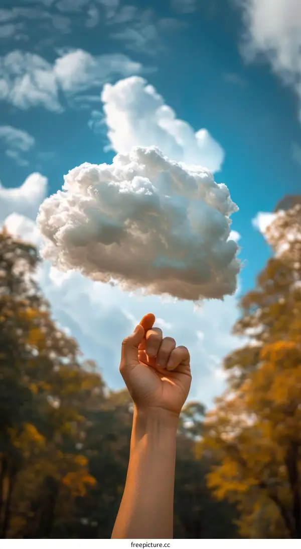 A hand holding a cloud above a forest