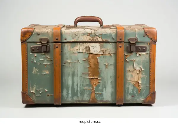 weathered green suitcase with brown handle and metal latches