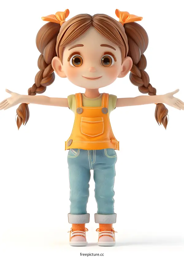 Cute Cartoon Girl with Orange Overalls and Braids