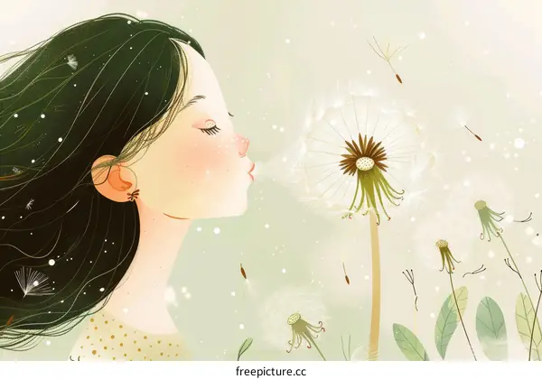 A girl blowing dandelion seeds