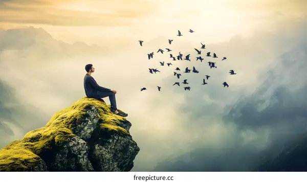 Man Sitting on a Mountaintop Looking at Birds Flying Away