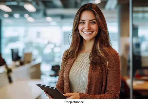 Smiling Business Woman Holding Tablet in Modern Office