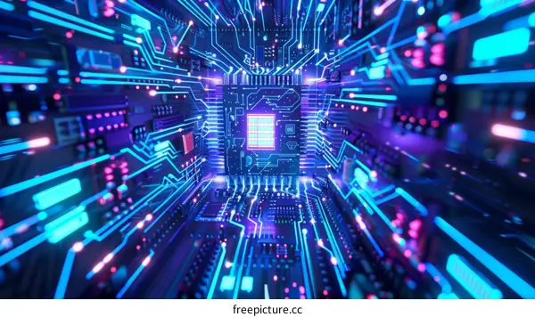 A glowing blue and purple circuit board with a futuristic design