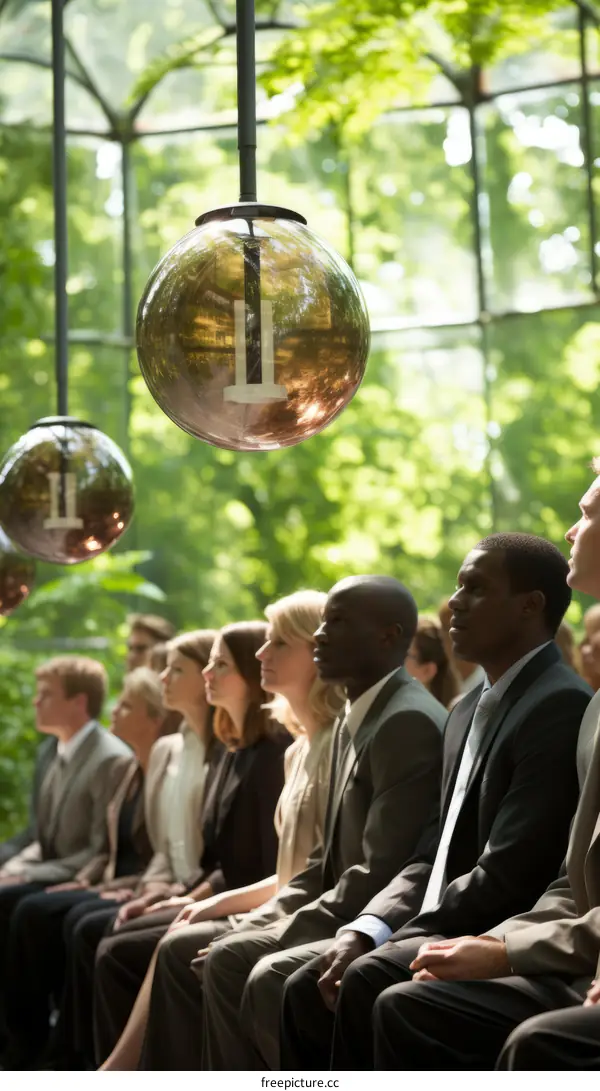 A group of diverse business professionals sit in a modern glass structure surrounded by lush greenery