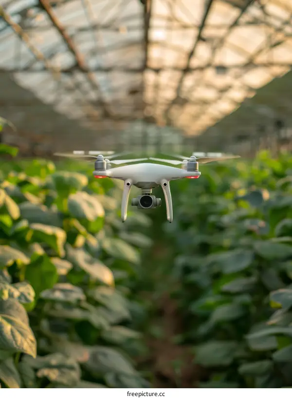 A white drone is flying over a green field.