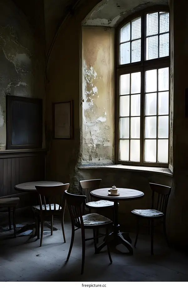 Old Window with Crumbling Walls in Empty Room with Table and Chairs