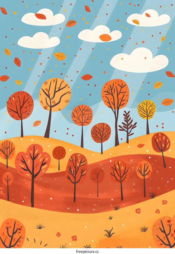 Autumn Forest Landscape with Falling Leaves
