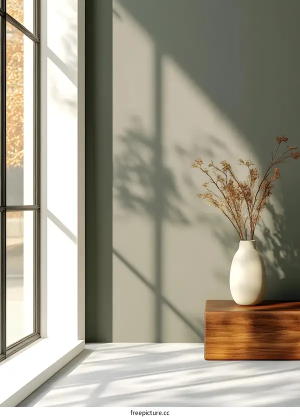 Minimalist Interior Design with Dried Flowers in a White Vase on a Wooden Shelf