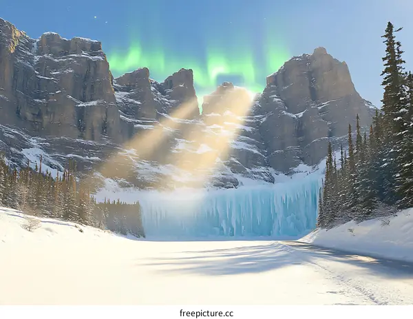 Frozen Waterfall in the Canadian Rockies with Aurora Borealis