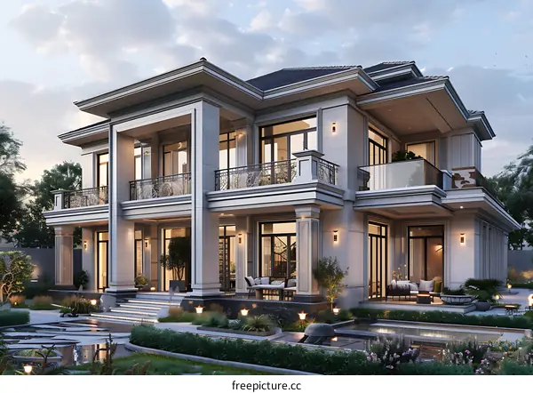 The exterior of a three-story, single-family home with a modern style.