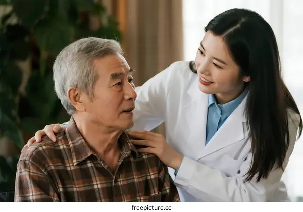 Female Doctor Providing Care to Elderly Male Patient in Clinic