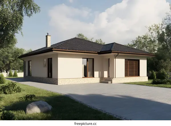 Modern White House with Brown Roof and Stone Facade