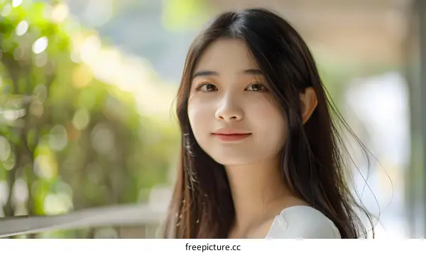 Young Asian Woman Smiling with Blurry Green Background