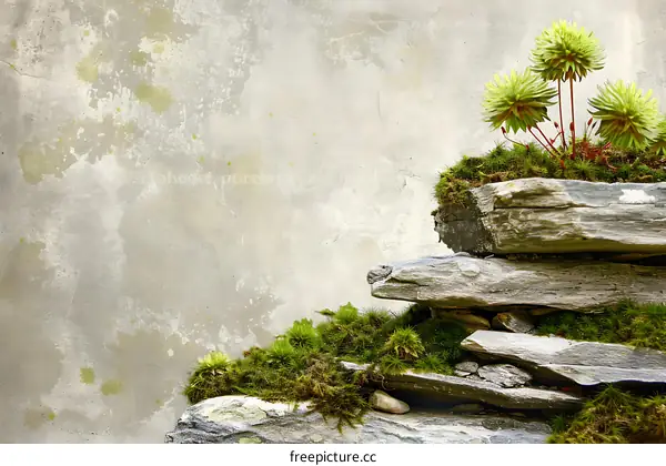 Green Plant Life Growing On Stacked Stones Against A Grey Concrete Wall