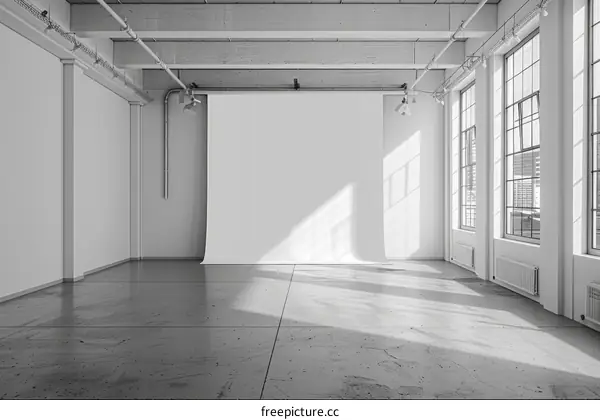 Modern white studio interior with large windows and a white cyclorama