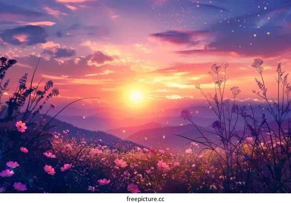 Sunset Glow Over a Field of Flowers