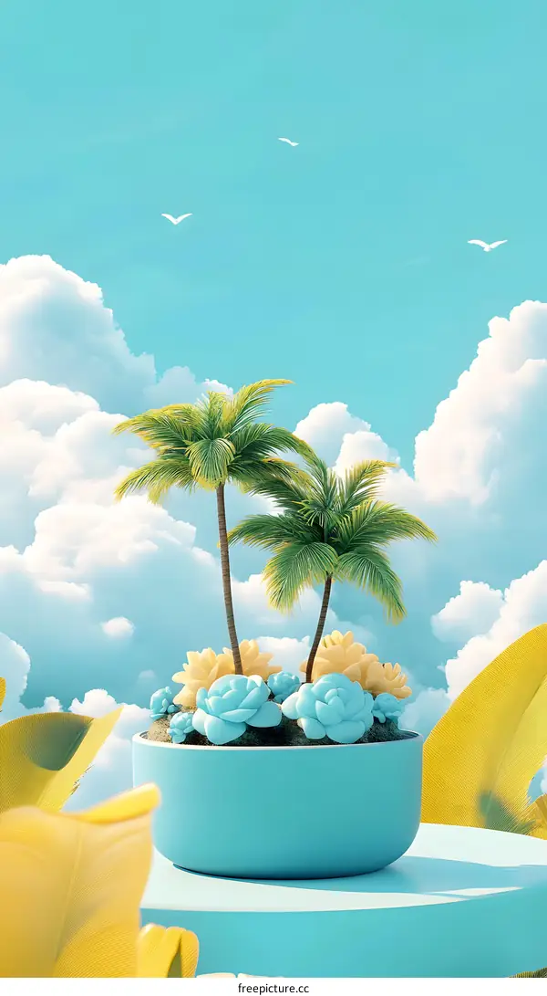 Minimalist Summer Palm Trees with Blue Sky and Yellow Flowers