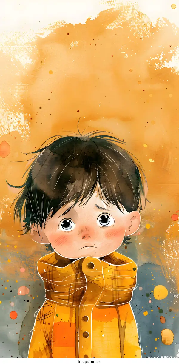 Sad Little Boy in Yellow Jacket Watercolor Illustration