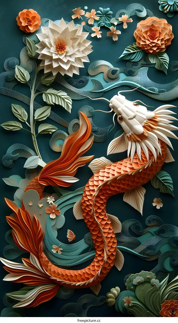 Paper Art Dragonfish with Flowers and Waves