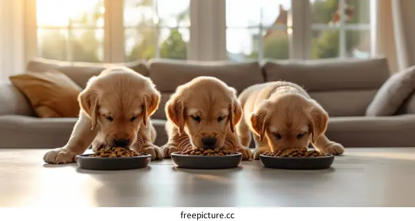 Three Golden Retriever puppies eating from bowls