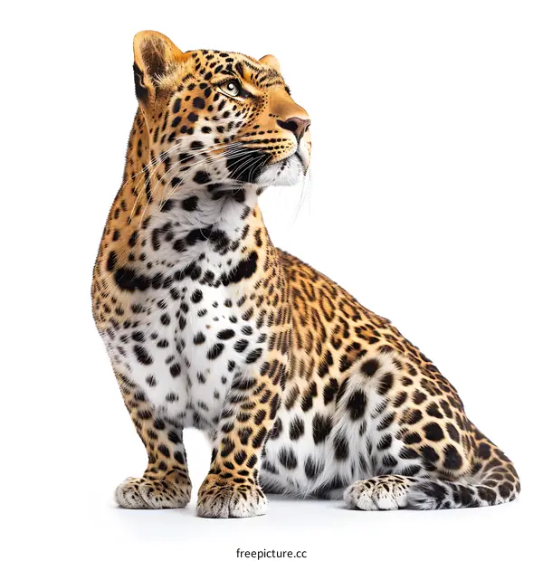 A beautiful leopard sits on a white background