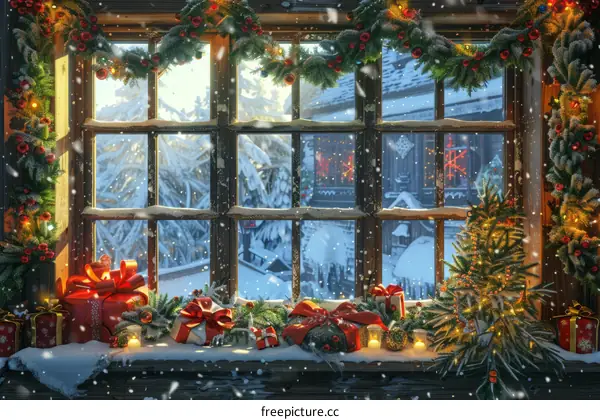 Winter Wonderland Window Scene with Christmas Decorations
