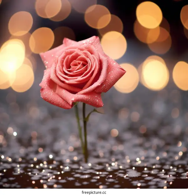 A Single Pink Rose in Bloom with Twinkling Background Lights