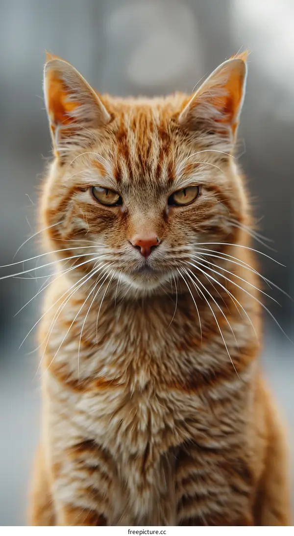A ginger cat is staring at the camera with an annoyed expression on its face