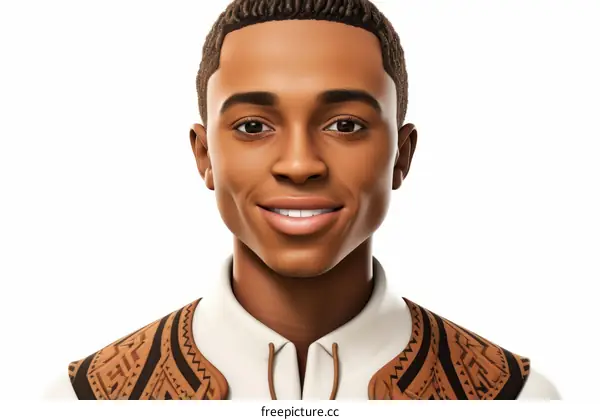 Portrait of a young African-American man with short braided hair, wearing a brown vest with geometric patterns over a white shirt