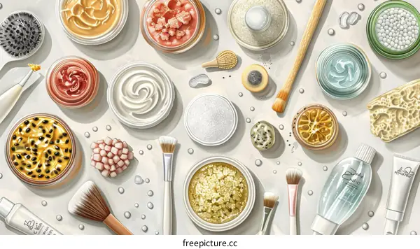 Beauty products and cosmetics on white marble background