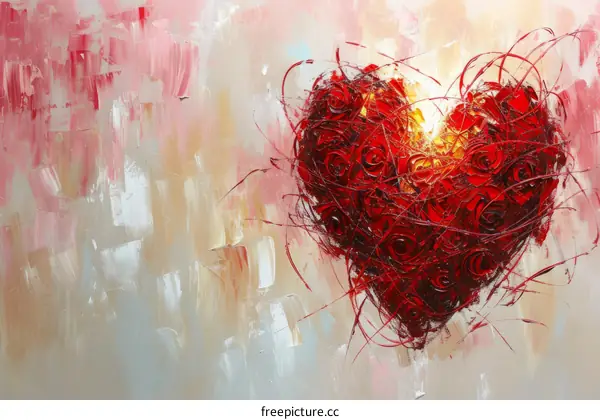 An abstract painting of a heart made of red roses