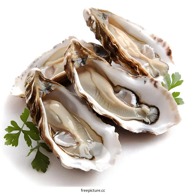 Four opened fresh oysters with parsley