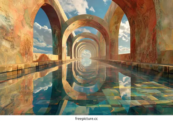 Futuristic Surreal Corridor with Arches and Reflecting Pool