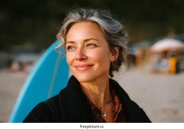Smiling Mature Woman on Beach with Surfboard