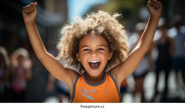 Cheerful little girl raising her arms in joy