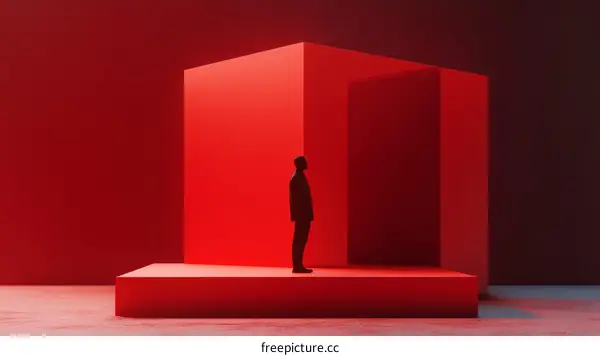 Red Abstract Scene with Silhouette Figure