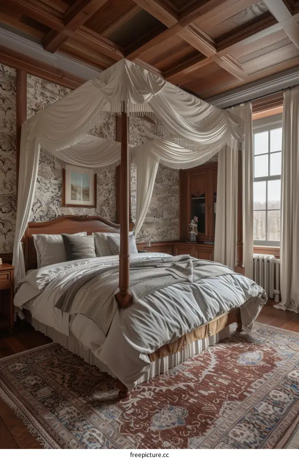 Antique Wooden Four-poster Bed in a Luxurious Bedroom