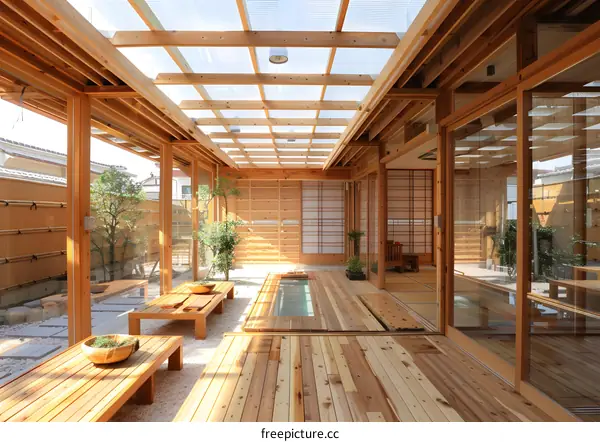 Japanese style house with wooden structure and glass roof