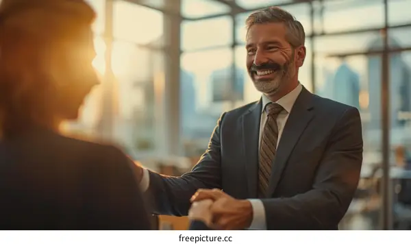 Businessman in suit shaking hands with a woman in a business meeting