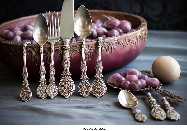 Still life with antique silver cutlery and purple grapes