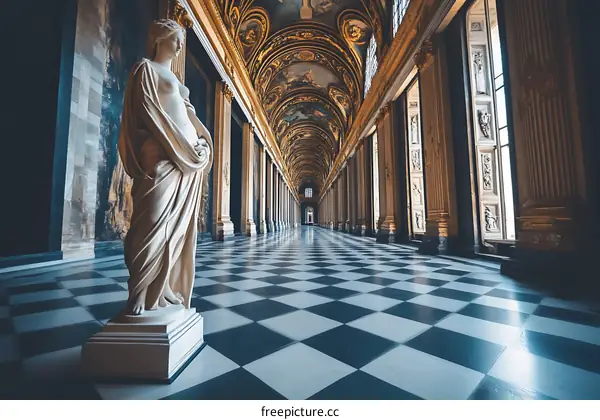 Statues and Columns in a Grand Hallway with Checkered Floor