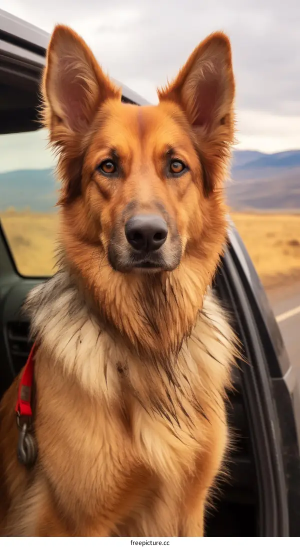 brown long-haired German Shepherd dog looking out of a car window