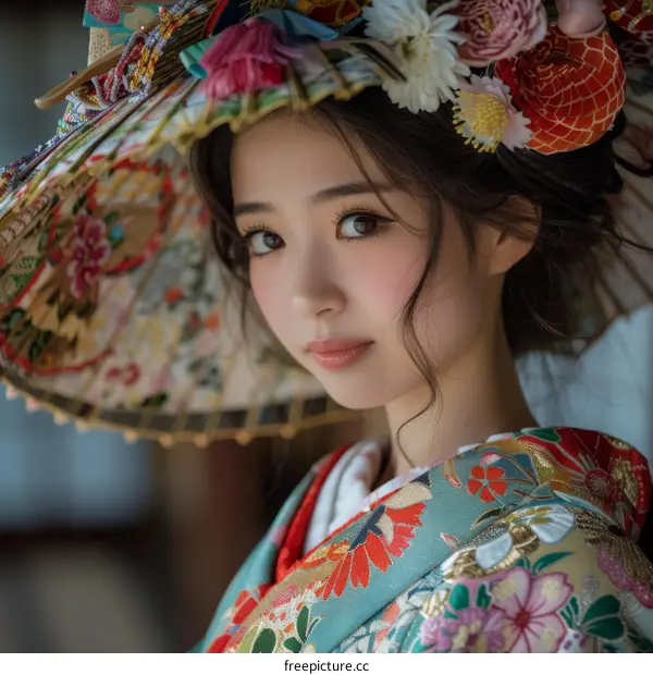 Portrait of a young woman in a kimono with a traditional Japanese umbrella