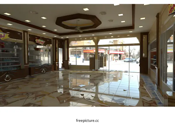 Empty Shop Interior Design With Broken Tiles On Floor