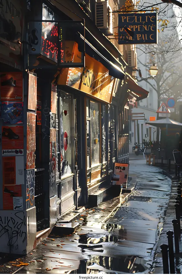 A wet and empty sidewalk in Paris, France