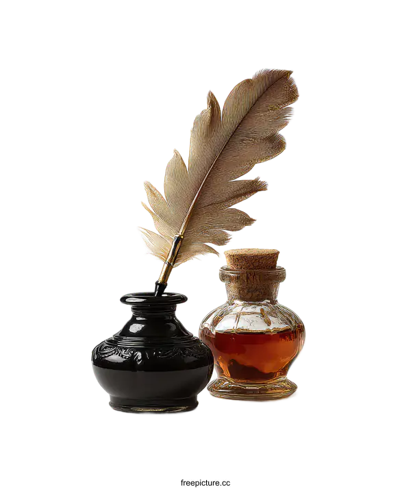 [Transparent Background PNG]Vintage Quill and Inkwell Set