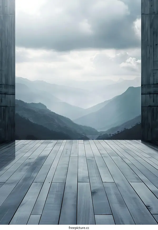 Wooden Floor with Mountain View Through Window