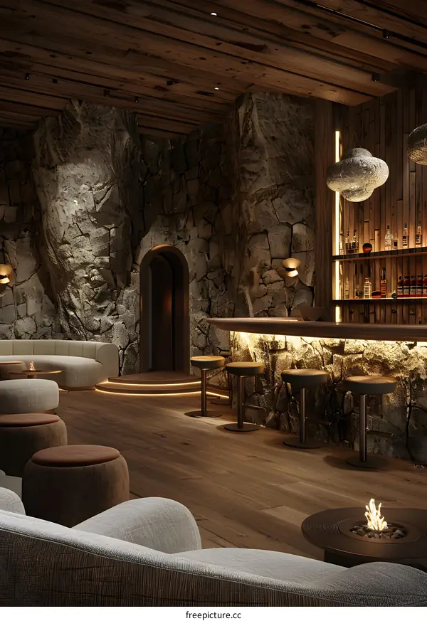 Modern restaurant interior design with stone walls, wooden floor and bar counter