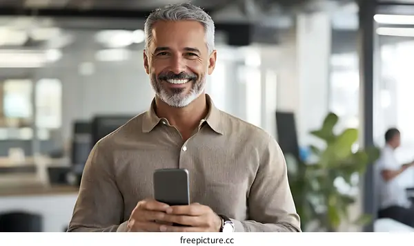 Smiling Middle-Aged Man Using Smartphone in Modern Office