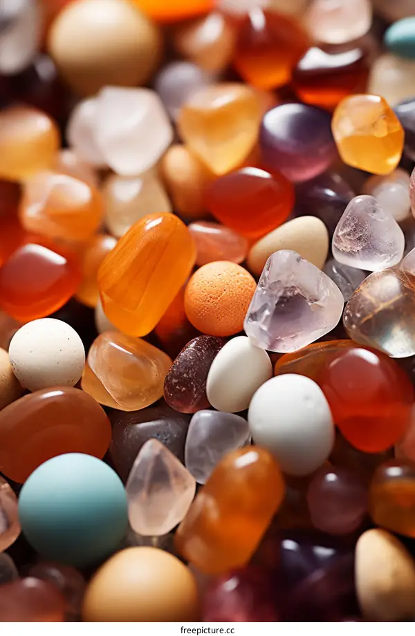 Close-up of a pile of smooth, polished gemstones including carnelian, quartz, and agate